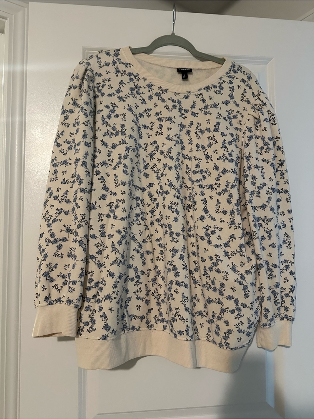 Torrid Cream Crewneck Sweater with Blue Floral Print